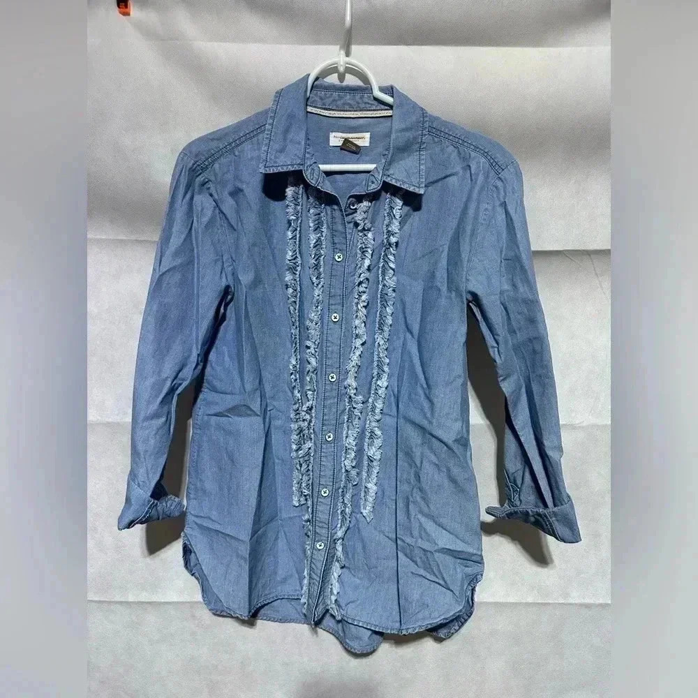 Anthropologie Pilcro Top Womens S Juni Ruffled Denim Button Down Boho Coastal